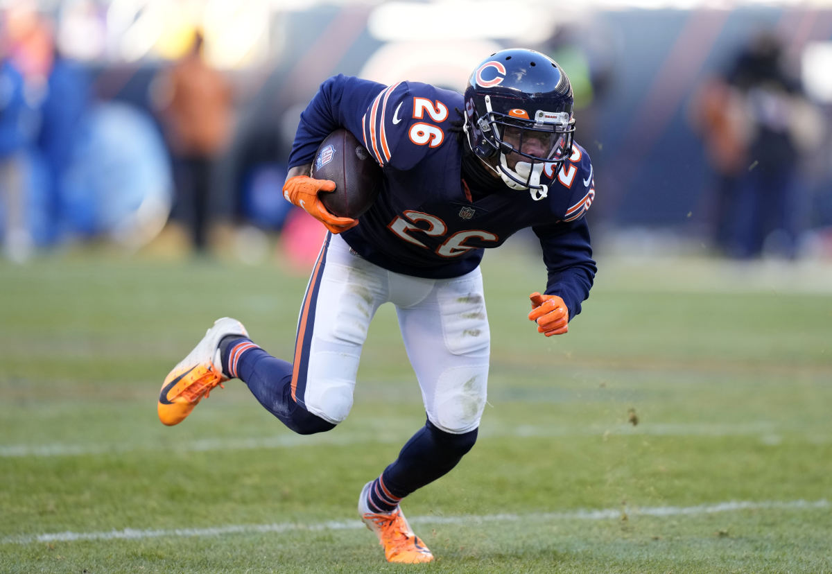 Jan 2, 2022; Chicago, Illinois, USA; Chicago Bears safety Deon Bush (26) makes an interception against the New York Giants during the second half at Soldier Field. Mandatory Credit: Mike Dinovo-USA TODAY Sports
